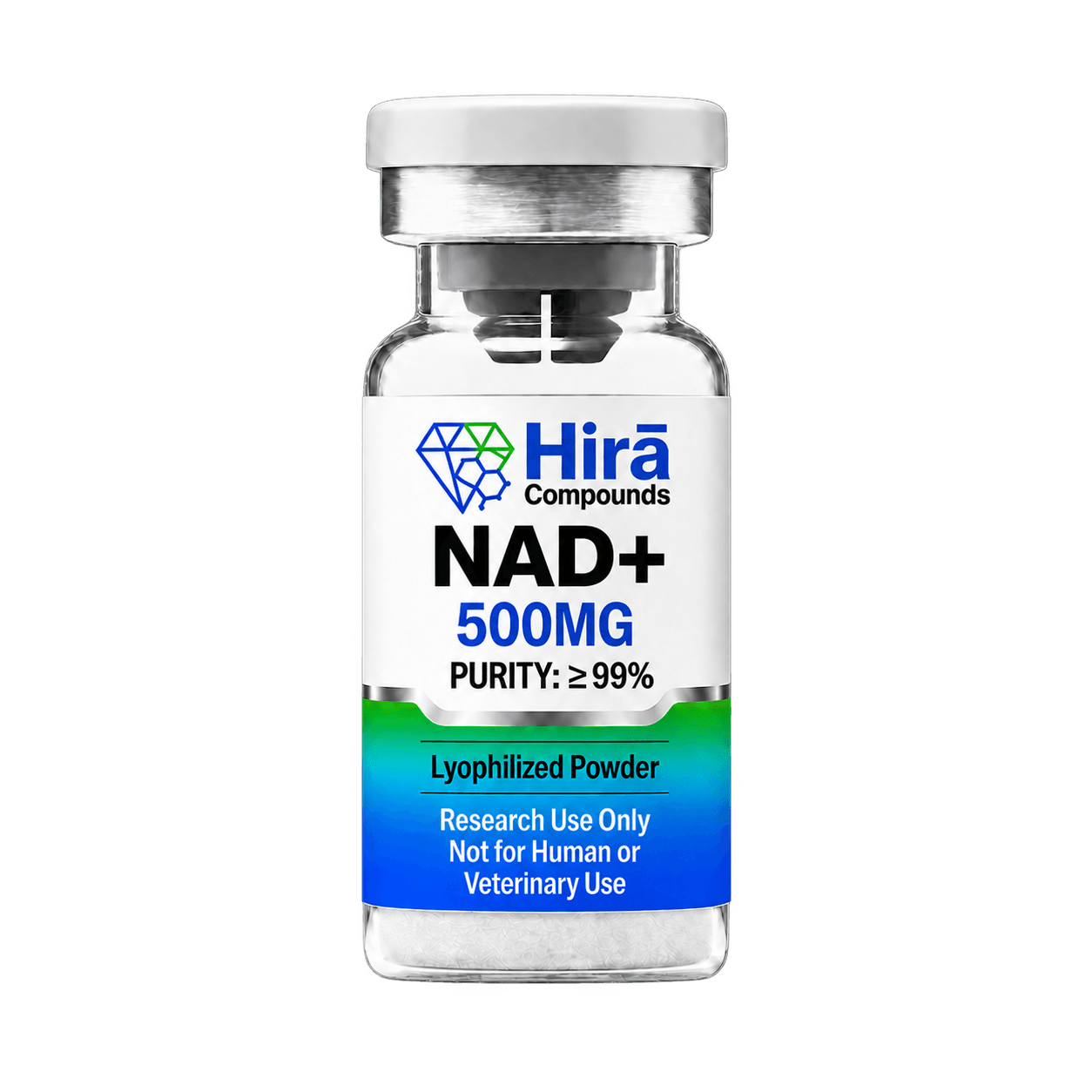 Hira Compounds NAD+ 500mg research vial of lyophilized powder, labelled purity greater than or equal to 99 percent, research use only
